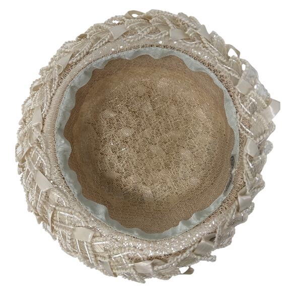 Vintage 1960s Beige Raffia Pillbox Hat with Netting Union Made 7 US main image 4
